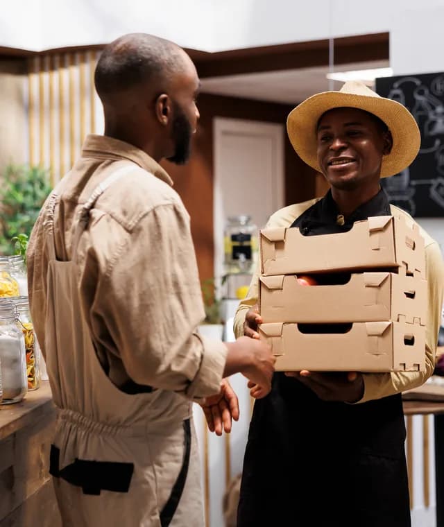 Shop owner handing boxes of fresh produce to a customer